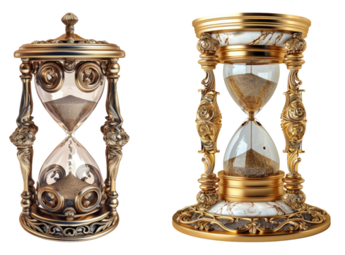 Vintage golden hourglass isolated on transparent background, set of