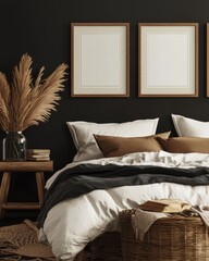 Modern frame mock-up in cozy ethnic bedroom interior, dark & stylish design concept