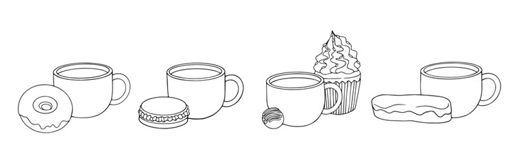 Collection of line sketches of cups of coffee with various pastries, desserts. Vector graphics.