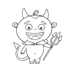 Line sketch, doodles of a funny devil character, a devil with a pitchfork. Halloween decoration. Vector graphics.