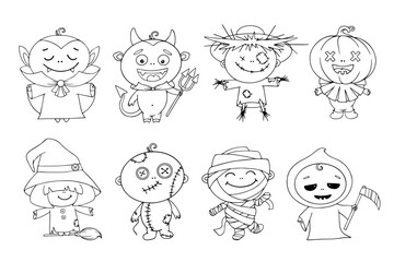 Collection of linear sketches, coloring pages of funny characters for the autumn holiday of Halloween. Vector graphics.