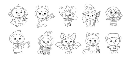 Collection of linear sketches, coloring pages of funny characters for Halloween. Vector graphics.
