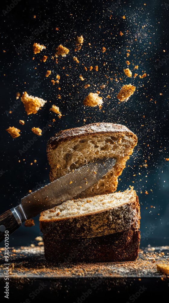 Poster Freshly sliced loaf of bread with crumbs flying in air, creating dynamic scene