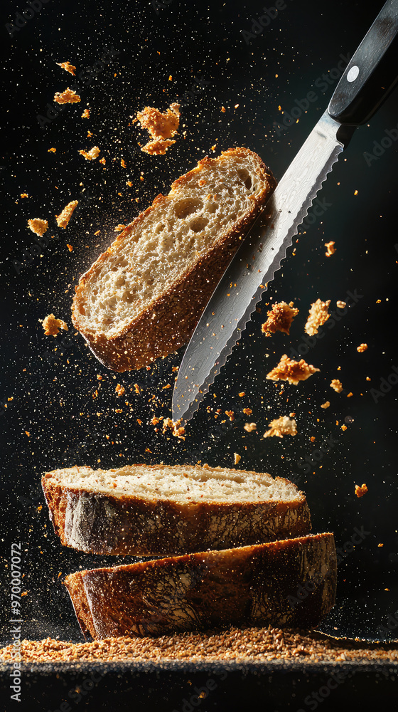 Poster sliced bread floating in air with crumbs and knife, creating dynamic scene