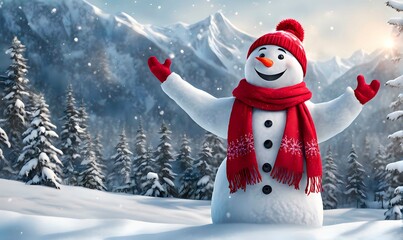 Obraz premium Smiling snowman against snowy forest and mountains, christmas illustration - generative AI