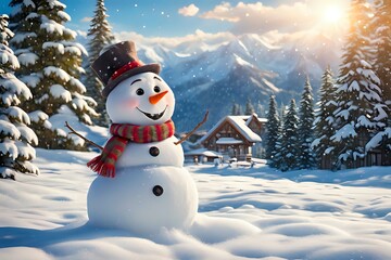 Obraz premium Smiling snowman against mountains, snowy forest and village background, christmas illustration - generative AI