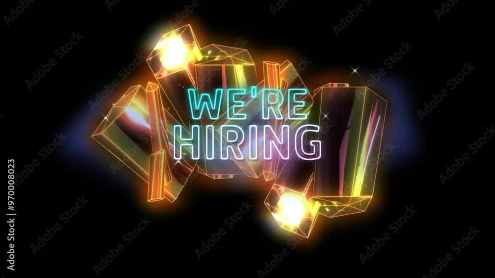 Poster animation of we're hiring neon text and glowing blocks over black background
