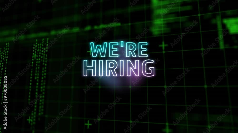 Poster animation of we're hiring neon text, data processing over black background