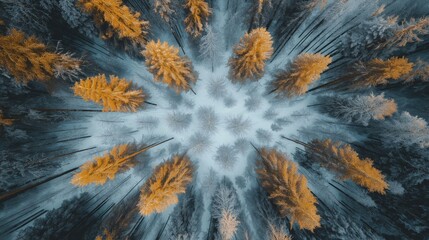 A stunning aerial view of a winter forest with snow-covered trees, accented with golden autumn highlights from scattered deciduous trees, creating a striking contrast in nature