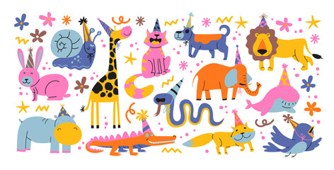 Festive pets happy birthday. Happy animals celebrate party with party hats on their heads. Cartoon stickers for cards, invitations and posters