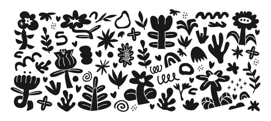 Botanical pattern of abstract flowers and plants. Organic floral doodles, leaves of different shapes. Trendy hippie funky shapes stickers 90s.