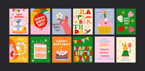 Happy Birthday cards in cartoon retro 90s style. Minimalist cards. Celebration congratulations posters with cakes and sweets. Vector bright template for party, event.