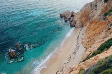 Scenic Aerial Landscape of Rocky Coastline by the Beautiful Beach