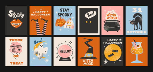 Cartoon halloween posters magic and witchcraft. 90s wild magic wall design. Vintage banners: skull, pumpkin, witch, ghosts, eye, potion. Scary groovy placard set