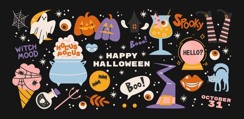 Halloween stickers and scary magic in cartoon style 90s. Vintage witchcraft shapes: skull, pumpkin, witch, ghosts, eye, potion. Spooky scary groovy patches set.