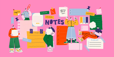 Cartoon characters with paper notes and reminders to do. Cases, business task list and planning schedule. Geometric shapes, people office workers. online chats and abstract frames. Business team 
