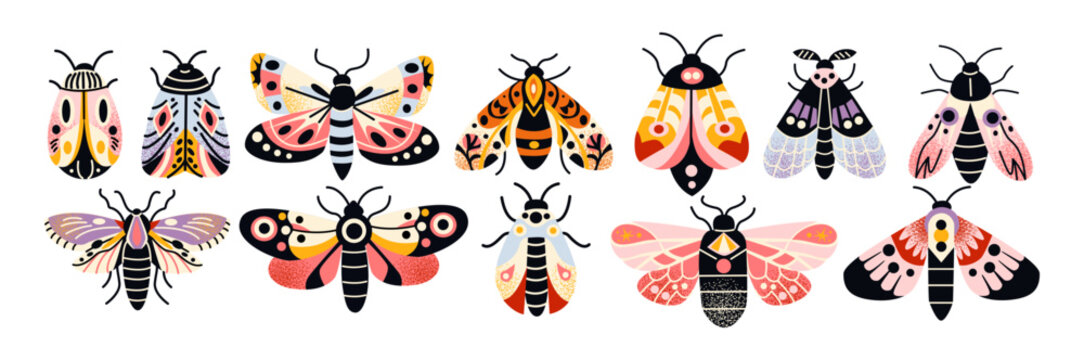 Set of beetles and butterflies in cartoon style. Bright abstract patterns and ornaments on wings, insects flies, bees, caterpillars, bugs in abstract style. Bright funky stickers.