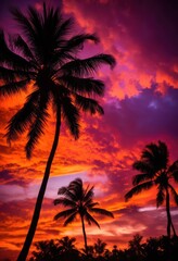 Naklejka premium vibrant sunset backdrop featuring silhouetted palm trees colorful sky, orange, pink, blue, clouds, horizon, nature, scenery, landscape, tropical, light