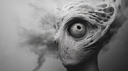 Surreal eerie entity in a foggy atmosphere, conceptual art. Mysterious and haunting visual concept