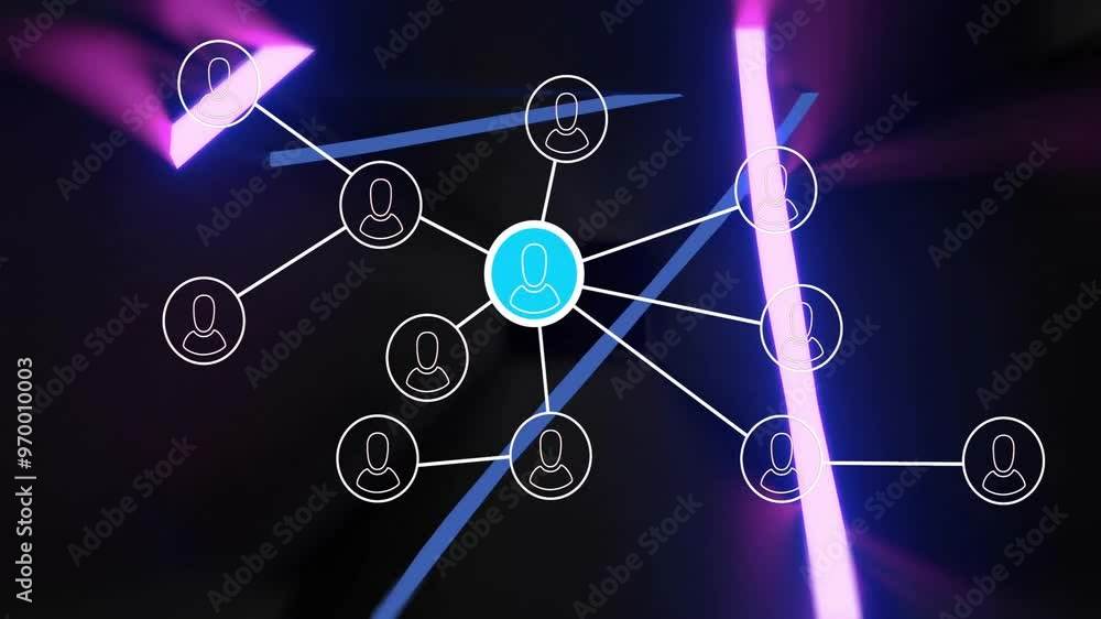 Poster animation of connections with people icons and data processing over neon pattern