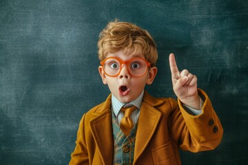 A young child stands in front of a chalkboard covered in equations and symbols. The child is wearing a backpack and he is looking at the board with curiosity. Concept of wonder and exploration
