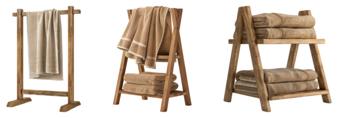 Wood towel stand isolated on transparent background, set of