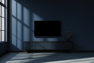 Fototapeta premium Modern 3D Living Room Interior with LED TV on Dark Blue Wall