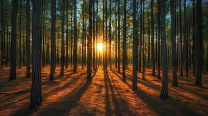 Fototapeta premium Immerse yourself in the captivating beauty of a pine forest. Majestic trees tower overhead, casting intricate shadows on the forest floor