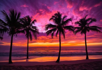 vibrant sunset backdrop featuring silhouetted palm trees colorful sky, beach, beauty, blue, coast, charm, dusk, evening, exotic, glow, horizon, light