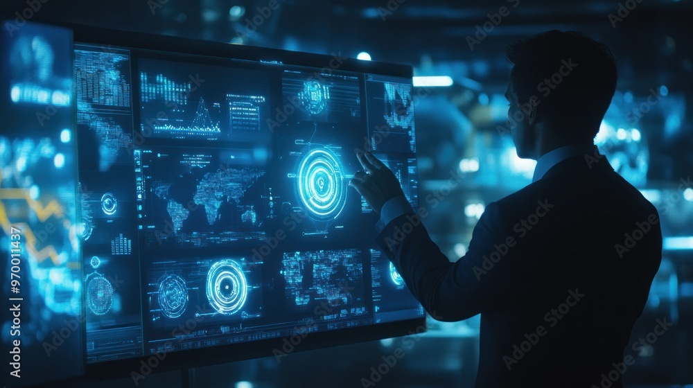 Aufkleber man in suit interacting with futuristic interface on large screen