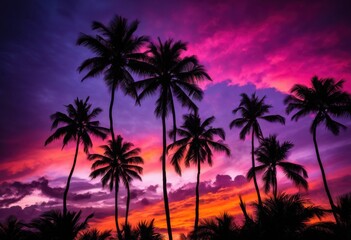 tropical palm silhouettes vivid sunset rich hues purple creating stunning evening sky, vibrant, orange, pink, landscape, nature, scenery, clouds, light