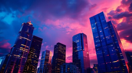 Fototapeta premium urban skyline at dusk, with skyscrapers lit up against a colorful sky