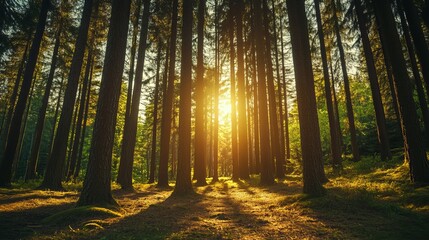 Fototapeta premium Immerse yourself in the captivating beauty of a pine forest. Majestic trees tower overhead, casting intricate shadows on the forest floor