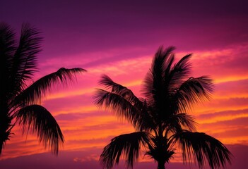 Obraz premium stunning palm silhouette vibrant sunset backdrop highlighting striking colors shapes, contrast, sky, orange, yellow, red, landscape, clouds, evening, nature