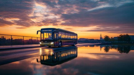 An electric bus crossing a bridge at sunset with reflections of the bus and the sky on the water below.