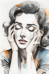 Emotional Pencil and Watercolor Portrait of a Crying Woman with Vibrant Colors on White Background – Close-Up Depiction of Sadness, Heartbreak, and Tears, Perfect for Expressive and Artistic Projects
