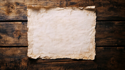 An old, weathered parchment laid on a dark wooden surface, evoking a vintage or rustic feel.