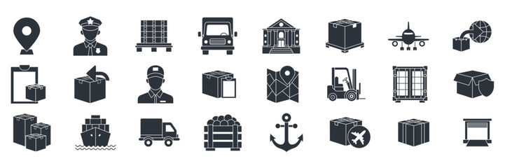 Logistics and Shipping icons set, Included icons as Airplane, Package, Forklift, Delivery Truck and more symbols collection, logo isolated vector illustration