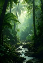 A lush, dense tropical rainforest with a small stream flowing through the mossy rocks and vegetation. The scene is filled with various shades of green, with sunlight filtering through the canopy of ta