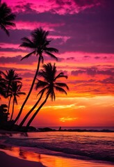 Obraz premium vibrant silhouettes framed stunning ocean sunset bright colors reflecting water, beach, coast, reflection, landscape, sky, evening, clouds, horizon, shore