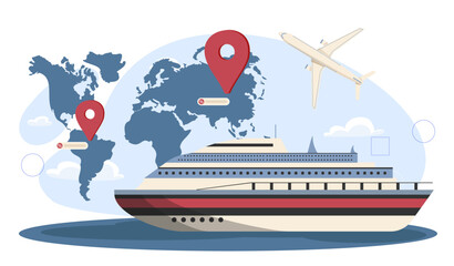 Freight forwarder online. Liner and airplane at background of map. Import and export of goods. Transportation and shipping. Globalization and international business. Flat vector illustration