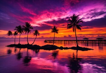 Obraz premium stunning vibrant seaside sunset silhouette palm trees colorful sky, horizon, ocean, beach, nature, landscape, beauty, evening, twilight, cloud, reflection