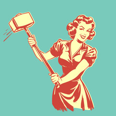retro cartoon illustration of a strong woman holding a big hammer