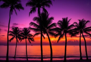 Obraz premium stunning vibrant beach sunset dark silhouettes palm trees colorful sky, colors, orange, pink, blue, clouds, water, ocean, reflection, light, nature