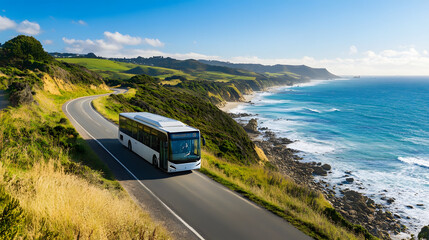 An electric bus driving along a scenic coastal route with the ocean on one side and rolling hills on the other under a clear blue sky.