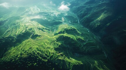 Obraz premium Aerial View of Lush Green Rice Terraces.