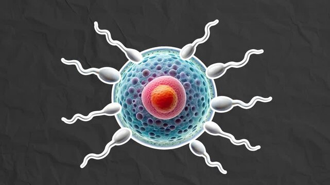 The female egg in the center of the frame is being penetrated from all sides by the frisky spermatozoa of a man. Fertilization concept. Stop motion animation on black paper background