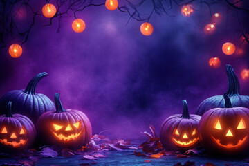 Fototapeta premium Spooky halloween illustration, pumpkins castle, dark, cartoon style for kids. High quality photo