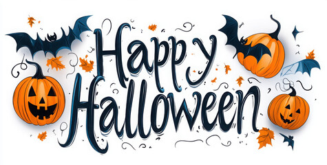 Naklejka premium happy halloween lettering calligraphy logo with pumpkin, bat and spider web