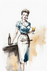 Vintage Watercolor Portrait of a 1950s Woman at Bar with Drink – Nostalgic Sketch Illustration for Lifestyle and Retro Themes